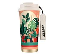 QHZLY Tasse à café en acier inoxydable 316 avec plantes vertes en pot, blanc, grand gobelet isotherme de voyage pour bureau, maison, voiture