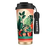 QHZLY Tasse à café en acier inoxydable 316 avec plantes vertes en pot, noir, grand gobelet isotherme de voyage pour bureau, maison, voiture