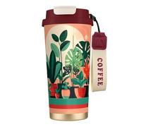 QHZLY Tasse à café en acier inoxydable 316 avec plantes vertes en pot, rouge, grand gobelet isotherme de voyage pour bureau, maison, voiture