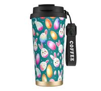 QHZLY Tasse à café en acier inoxydable 316 avec visages de lapin timides - Noir - Grand gobelet de voyage isotherme pour bureau, maison, voiture