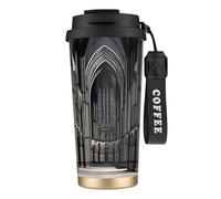 QHZLY Tasse à café en acier inoxydable 316 noir avec motif cathédrales gothiques, grand gobelet isotherme de voyage pour bureau, maison, voiture