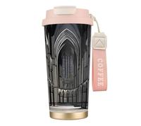 QHZLY Tasse à café isotherme en acier inoxydable 316 - Motif cathédrales gothiques - Rose - Grand gobelet de voyage pour bureau, maison, voiture