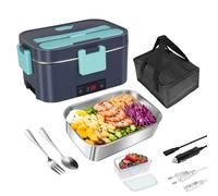QIAKEFE 1.8L Gamelle Chauffante,80W Lunch Box Chauffante,2 en 1 Boite Chauffante Repas pour Voiture Camion Maison,Lunch box Chauffante avec Vaisselle en Acier Inoxydable et Sac Isotherme (bleu)