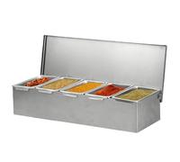 QIAKEFE Station de Garniture à Pizza 5 Compartiments, Bac Inox Alimentaire, Boîte à Épices Lavables Détachables avec Couvercle, pour la Cuisine, la Pizza, le Bar à Salade (Couleur argent)