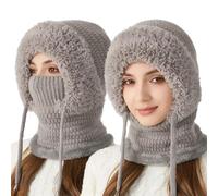Qiamia 3 in 1 Beanie Hat with Scarf and Mask, Windproof Women Winter Hat, Adjustable Hats Scarf Combo (Gray)