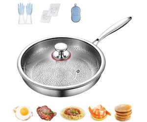 Qiamia Titanium Hammered Pan Pro, Durable, Scratch-Resistant Nonstick Frying Pan with Lid, It Won’t Stick to the Pan and Retains Nutrients, Making It Suitable for Kitchen Novices (With Lid,11in)