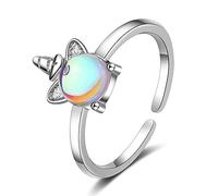 Qiamni Bague d'humeur en argent 925 avec pierre de lune et licorne pour femme et enfant Taille réglable, Argent sterling, Pierre de lune