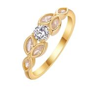 QIAMNI Bague en forme de feuille de zircon plaqué or - Pierre centrale entourée de pierres - Bijou commémoratif de fiançailles pour elle
