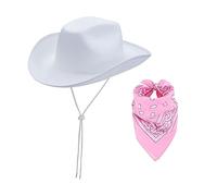 Qianderer Chapeau de cowboy avec bandana - Chapeau de cowgirl boa à plumes pour homme et femme, enterrement de vie de jeune fille, Halloween, blanc, taille unique