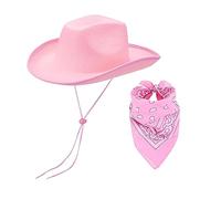 Qianderer Chapeau de cowboy avec bandana - Chapeau de cowgirl boa à plumes pour homme et femme, enterrement de vie de jeune fille, Halloween, rose, taille unique