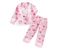 Qianderer Ensemble de pyjama en satin de soie pour tout-petits et enfants filles pour Noël, ensemble de pyjama boutonné 2 pièces, chemises à manches longues et pantalons, tenue de nuit, 2-3 Years