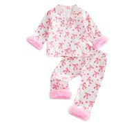 Qianderer Ensemble de pyjama pour tout-petits et enfants filles en satin de soie pour Noël, ensemble de pyjama boutonné 2 pièces, chemises à manches longues et pantalons, tenue de nuit, 12-18 mois