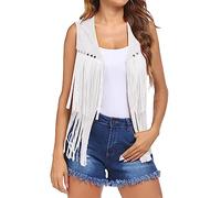 Qianderer Gilet sans manches à franges en daim synthétique pour femme, costume hippie années 70, style bohème, western, blanc, XL