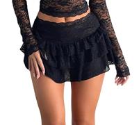 Qianderer Mini jupe plissée asymétrique à volants Y2K pour femme - Taille basse - Jupe patineuse plissée - Motif floral - Jupe courte en dentelle - Esthétique - Streetwear, Noir Cb, L