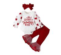 Qianderer My First Valentines Day Tenue pour bébé fille Imprimé cœur Barboteuse à manches longues et pantalon évasé Nœud Bandeau Vêtements pour bébé, Ba Blanc, 3-6 mois