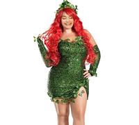 Qianderer Poison Ivy Costume d'Halloween pour femme - Mini robe à paillettes avec fausses feuilles vertes - Gants + coiffe de plantes - Grande taille - Vert - Taille M