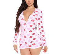 Qianderer Pyjama moulant à rabat pour femme avec boutons dans le dos et col en V à manches longues, Ca Pink Lips, M