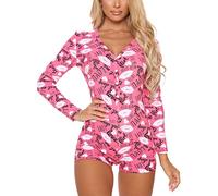 Qianderer Pyjama moulant à rabat pour femme avec boutons dans le dos et col en V à manches longues, Ca Pink Love Lips, L