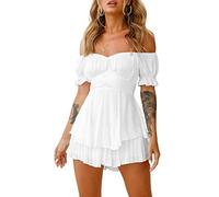 Qianderer Robe barboteuse bohème à épaules dénudées avec nœud dans le dos - Robe fluide à volants avec short - Combinaison pirate superposée, Ba Blanc, S