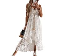Qianderer Robe longue d'été en dentelle pour femme, style bohème, avec pompons, col en V, volants et bretelles réglables, dos nu, pour la plage, Ba Blanc, XXL