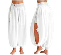 QIANGYTHENKO Bloomers de danse du ventre pour femme - Costume d'Halloween - En mousseline de soie - Taille froncée - Pantalon fendu sur le côté, blanc, Taille unique