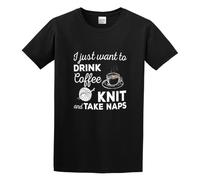 QIANHANTANG I Just Wanna Sip Coffee Knit and Take Naps Unisex 100% Cotton Short-Sleeve T-Shirts Black XXL