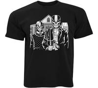 QIANHANTANG Skulls Skeleton Gothic House in Eldon Parody of American Painting Unisex 100% Cotton Short-Sleeve T-Shirts Black S