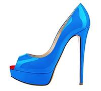 QIANKUN Chaussures à talons hauts à plateforme ouverte sexy pour femmes avec bout pointu en cuir verni rouge - Stilettos de mariage bleu ciel, 40