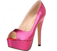 QIANKUN Chaussures à talons hauts pour femme avec plateforme motif crocodile à bout ouvert - Talons aiguilles sexy pour mariage et soirée - Rose rouge, 38