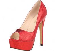 QIANKUN Chaussures à talons hauts pour femme avec plateforme, stilettos sexy à bout ouvert avec motif crocodile - Chaussures de soirée et de mariage - Rouge, 39