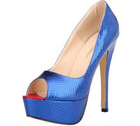 QIANKUN Femmes Talons Hauts Mode Sexy Stilettos Bout Ouvert Plateforme Motif Croco Stilettos Robes de fête Mariage Chaussures - Bleu, 38