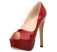 QIANKUN Sexy Bout Ouvert Plateforme Femmes Talons Hauts Cuir Verni Super Haut Chaussures à Talons Hauts Rouge Mariage Stilettos-Bordeaux 37