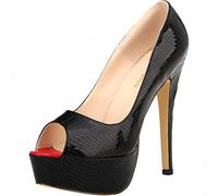 QIANKUN Talons hauts tendance et sexy à talons aiguilles à bout ouvert plateforme motif crocodile Stilettos robes de soirée chaussures de mariage - Noir, 36