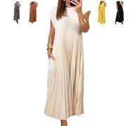 QianluoFa Robe plissée Simple de Couleur Unie pour Femme, Robe plissée sans Manches pour Femme (Beige,M)