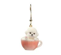 Qianly Boucle D'oreille avec Tasse Thé Mignon Boucle D'oreille Pendante Faites à la Main Bijoux pour Adolescentes, Chien Bichon Frisé Dans Une Tasse Rose, Regardant Vers L Avant