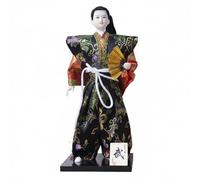 Qianly Figurine Japonaise Samouraï Poupée Décorative Statue Artisanale Personnage Traditionnel en Tissu Bois et Plâtre Aspect, Samouraï avec Éventail Doré Et Tenue Noire À Motifs Floraux