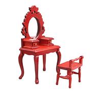 Qianly Mini Coiffeuse avec Miroir Ensemble Meubles Miniatures Bois pour Maison de Poupée 1/12 Dotée de Chaise et Dressing Sophistiqué Adaptée Aux Modèles Réd, Rouge