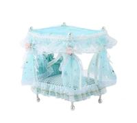Qianly Miniature Maison de Poupée Canapé à Baldaquin Lits Miniatures Meuble Miniature avec Voilage en Maille et Dentelle Perles et Finitions Fleuries Adapté, Bleu