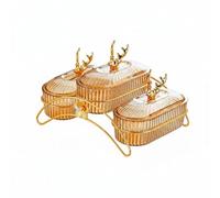 Qianly Plat à Fruits Secs avec Couvercles Décoratifs Compartimenté Plateau Amuse-Gueule à Compartiments Design Décoratif Ensemble de Raviers avec Support, Ambre, 3 Grilles A