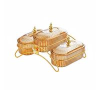 Qianly Plat à Fruits Secs avec Couvercles Décoratifs Compartimenté Plateau Amuse-Gueule à Compartiments Design Décoratif Ensemble de Raviers avec Support, Ambre, 3 Compartiments