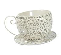 Qianly Pot de Fleurs en Métal, Cache-Pot en Forme de Tasse à Café Ou à Thé, Idéal pour Une étagère, Un Hôtel, Un Cadeau d'anniversaire Ou Une Décoration, Blanc