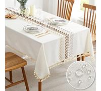 QIANQUHUI Linens - Nappe rectangulaire imperméable à Motif de Feuilles brodées avec Pompons, décoration de Table pour Cuisine, Salle à Manger, fête, Vacances (Feuille de café, 139 x 218 cm)