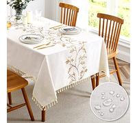 QIANQUHUI Nappe brodée pour Table de Salle à Manger, Nappe Rustique, Bleue, résistante à la poussière, aux déversements, en Coton et Lin (N-Beige, 140 x 177,8 cm)