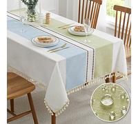 QIANQUHUI Nappe imperméable brodée en Coton et Lin - Résistante aux déversements - Résistante aux éclaboussures - pour Cuisine, Salle à Manger, fête, Noël (Vert Bleu, 140 x 140 cm)
