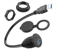 QIANRENON Adaptateur fixe 2 en 1 USB 3.0 vers USB 3.0 et USB C fileté câble court 5 Go/s Type A mâle vers A + C femelle Support intégré Connecteur 1 à 2, charge 5 V3 A, tableau de bord de voiture