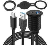QIANRENON USB C & USB3.0 Embarqué Voiture étanche Câble 10Gbps USB C 3.1 & USB3.0 Fixe Filetée Montage Câble,Support PD65W 4K Vidéo,LED Lampe,Al Boîtier,pour Bord Tableau Voiture Bateau Moto,2m/6.5ft