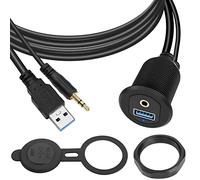 QIANRENON USB3.0 & 3.5mm Audio Filetée Fixation Embarqué Voiture étanche Câble 5Gbps TRS 3.5mm & USB3.0 Bord Tableau Panneau Montage Extension Câble, LED,Al boîtier,Pour voiture bateaux moto,2m/6.5ft