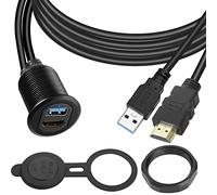 QIANRENON USB3.0 & HDMI Embarqué Voiture étanche Câble USB3.0+HDMI 1.4 Mâle à Femelle Fixe Filetée Montage Extension Câble, LED Lampe, Al Boîtier, pour Tableau de Bord Voiture Bateau Moto, 2m/6.5ft