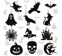 Qiantull Lot de 36 pendentifs en bois pour Halloween - Décoration en bois à suspendre - Citrouille, fantôme, sorcière, squelette, pierre tombale - Décoration en bois pour décoration d'Halloween