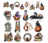 Qiantull Lot de 36 pendentifs en bois pour Halloween - Décoration en bois à suspendre - Citrouille, fantôme, sorcière, squelette, pierre tombale - Décoration en bois pour décoration d'Halloween